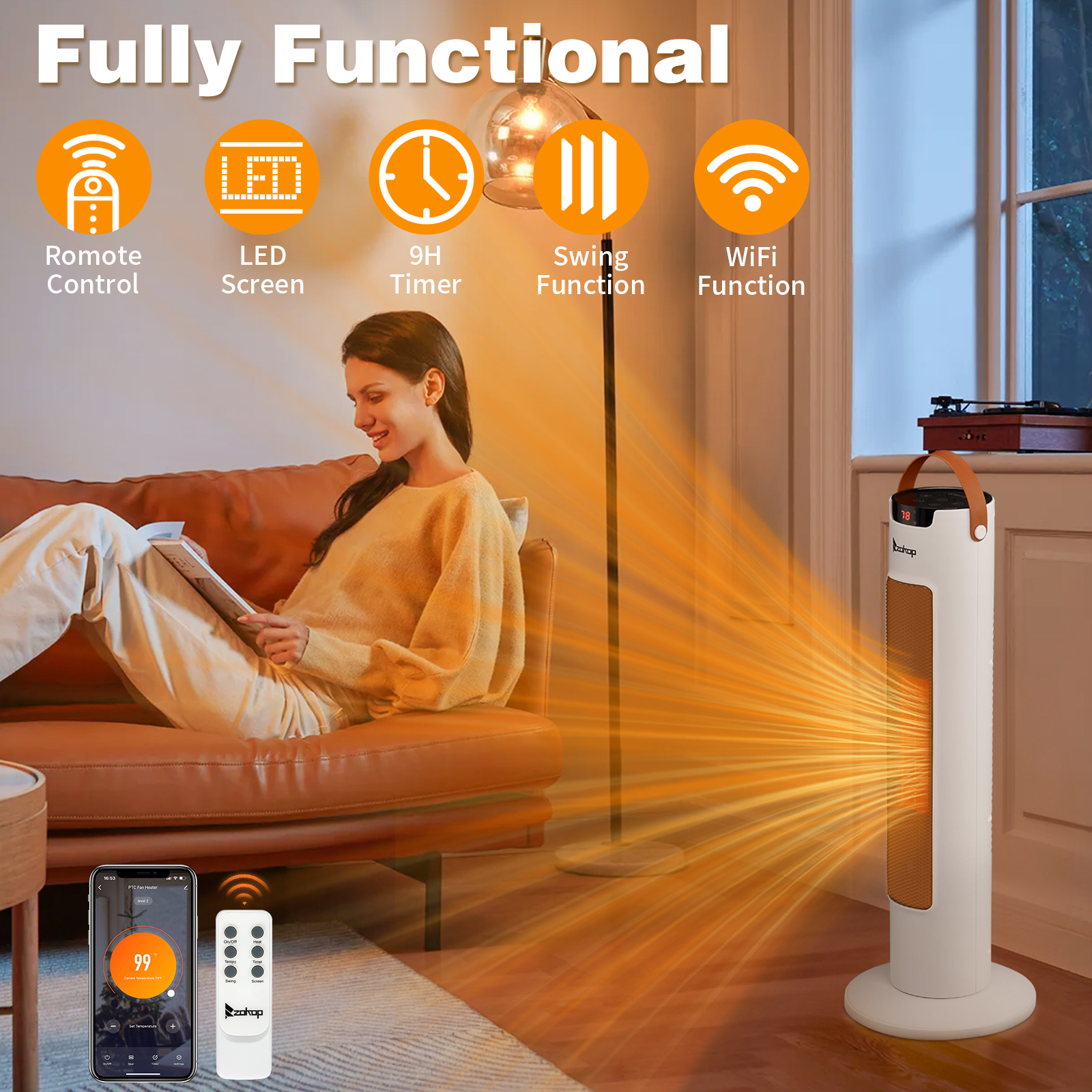 24Inch Tower Space Heater, 1500W Smart Electric Heater With Thermostat, WiFi APP & Remote Control, 60 Degrees Oscillation, 9H Timer, For Indoor Bedroom Office Home, White