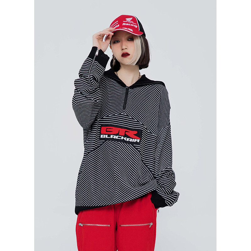 Men's And Women's Retro Half-zip Striped Turtleneck Sweater