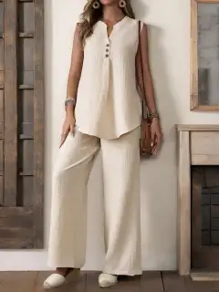 Women Sleeveless Textured Vest And Wide-Leg Button Front Pants Set - Khaki - View 1