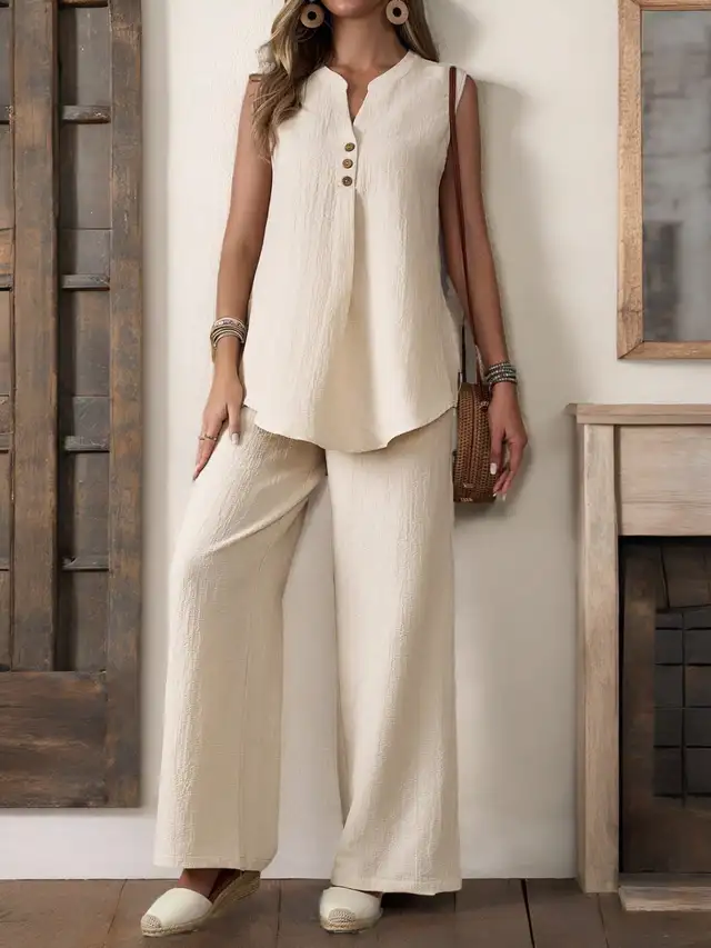 Women Sleeveless Textured Vest And Wide Leg Button Front Pants Set Khaki - Shop at LoveMi