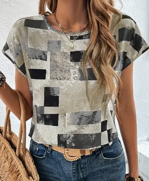 Women's Chic Geometric Aztec Print T Shirt Casual Crew Neck, Durable Non Stretch Fabric, Ideal For Summer Wear Black - Shop at LoveMi