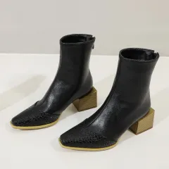 Plus Size British Short Boots Women Pointed Thick Heel Zipper Martin Boots Leather Boots Women - Black - View 1