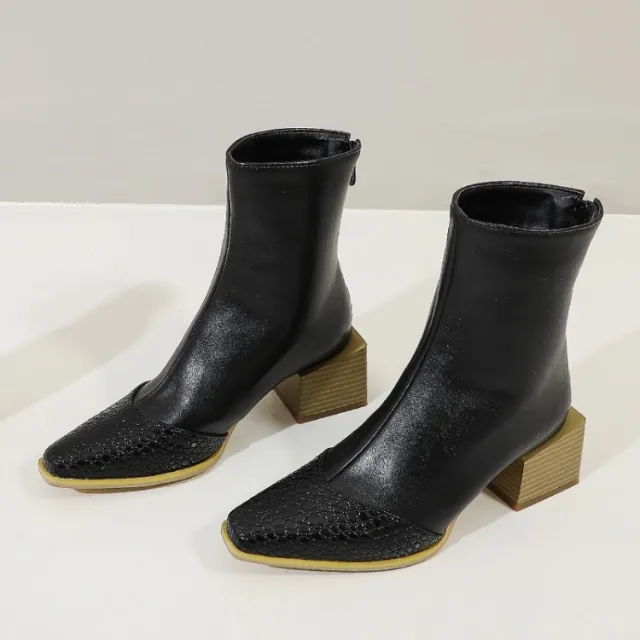 Plus Size British Short Boots Women Pointed Thick Heel Zipper Martin Boots Leather Boots Women Black - Shop at LoveMi