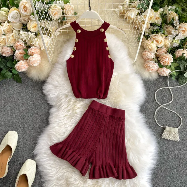 Short Waist Trousers Camisole Vest Off the shoulder Sling All match High knit Suit Wine Red - Shop at LoveMi