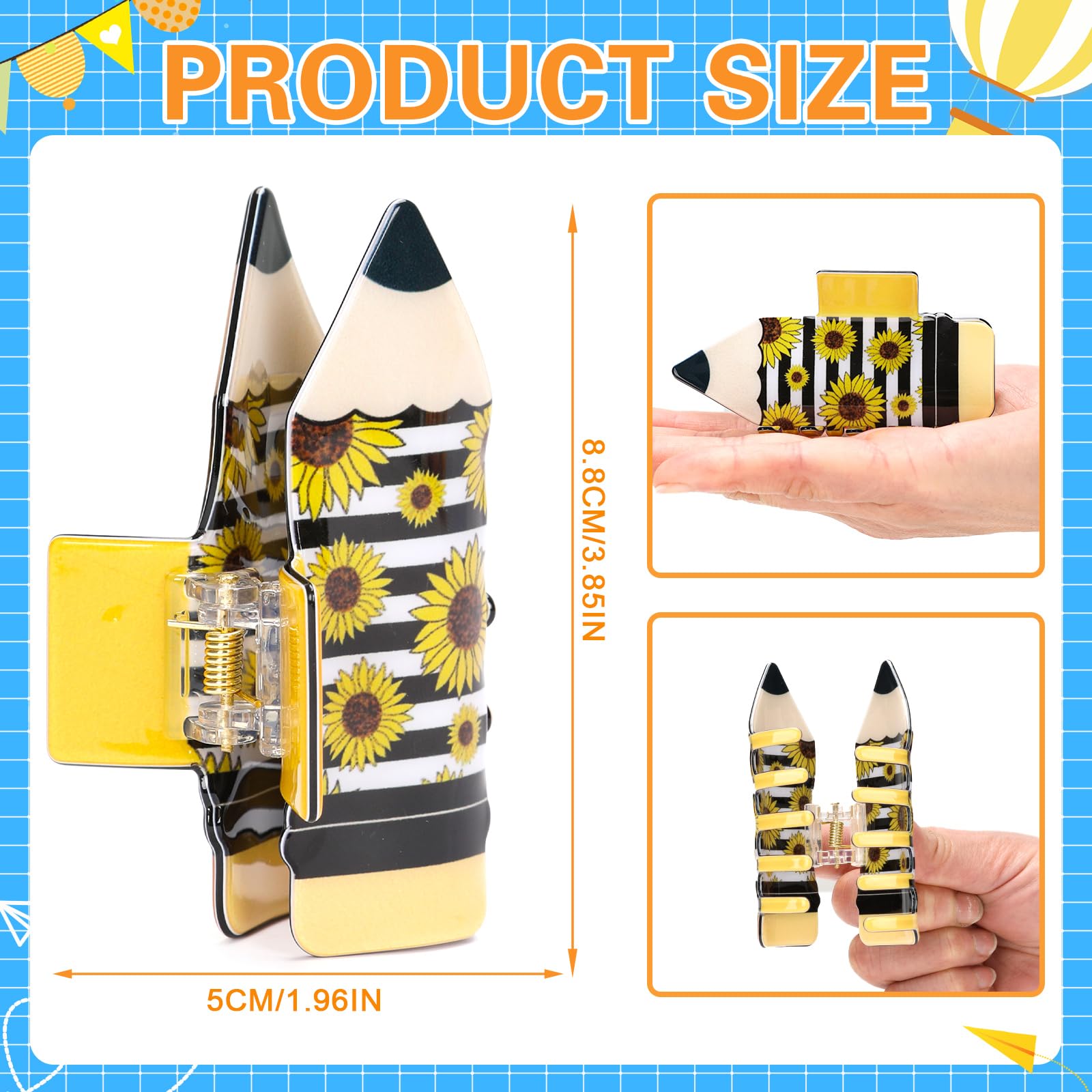 4Pcs Pencil Hair Clips Back To School Hair Accessories For Women Sunflower Leopard Stripe Hair Claw Clips Non Slip Hairpin For Thick Thin Hair School Opens Season Teachers Outfit Decor-Clearance 6