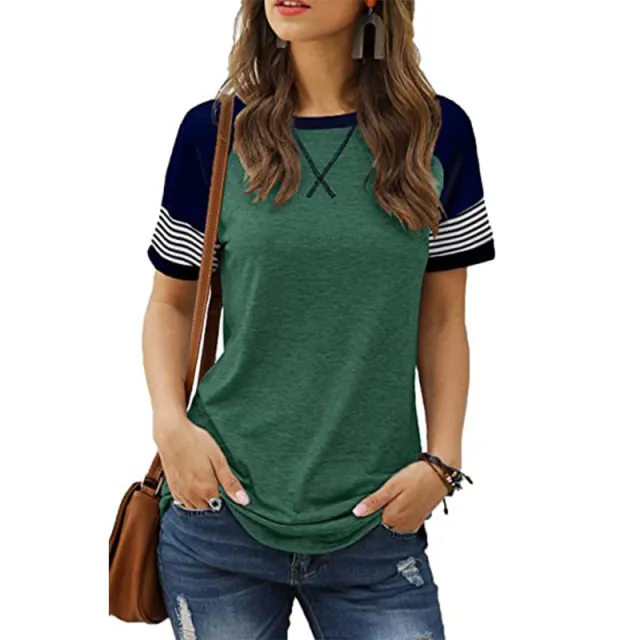 Stitching Faded Short sleeved Ladies Casual T shirt Green - Shop at LoveMi