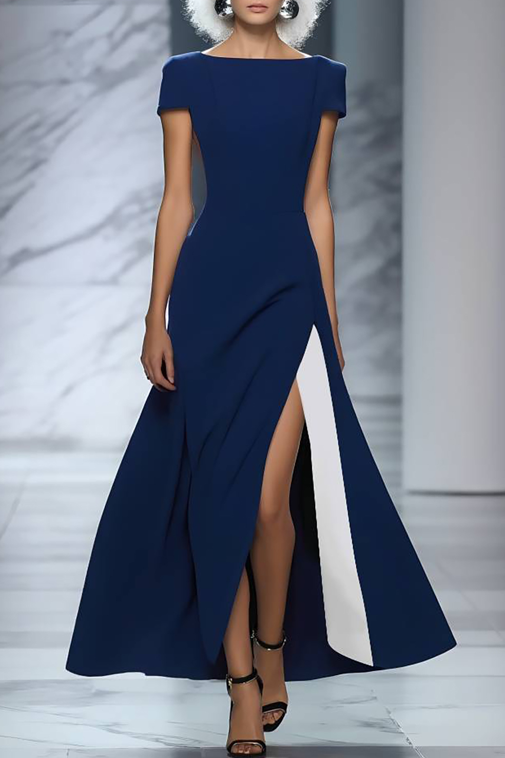 Formal Evening Dress Deep Blue Boat Neck Side Slit Maxi Gown Blue - Shop at LoveMi