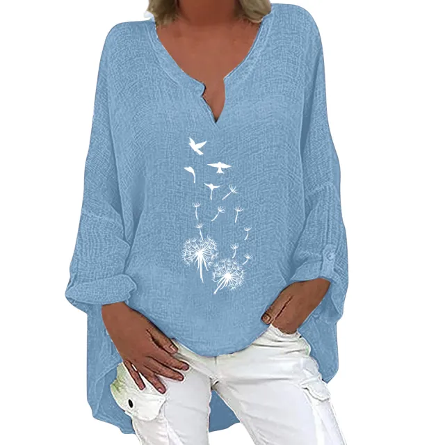 Top Dandelion Print V Neck Cotton Linen Sky Blue - Shop at LoveMi