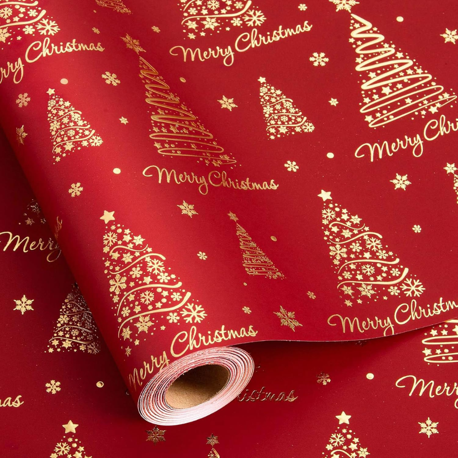 Red Christmas Wrapping Paper Roll, 3D Embossed Trees & Letters With Gold Foil, Holiday Gift Wrap, 17 X 33 Ft