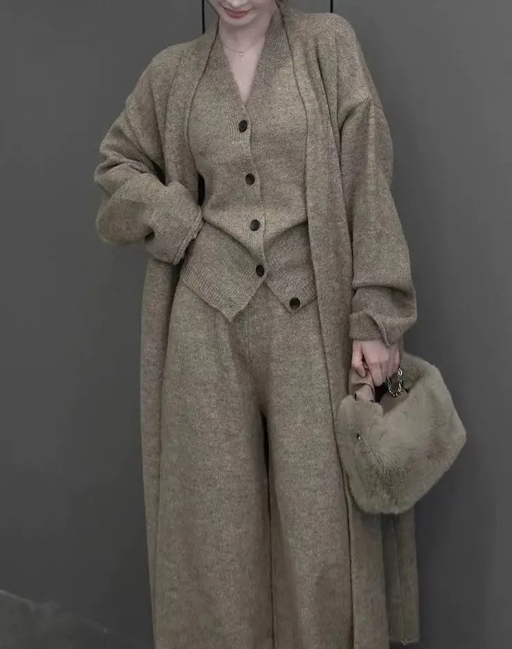Long Sleeve Knitted Cardigan Vest High Waist Pants Three-piece Suit