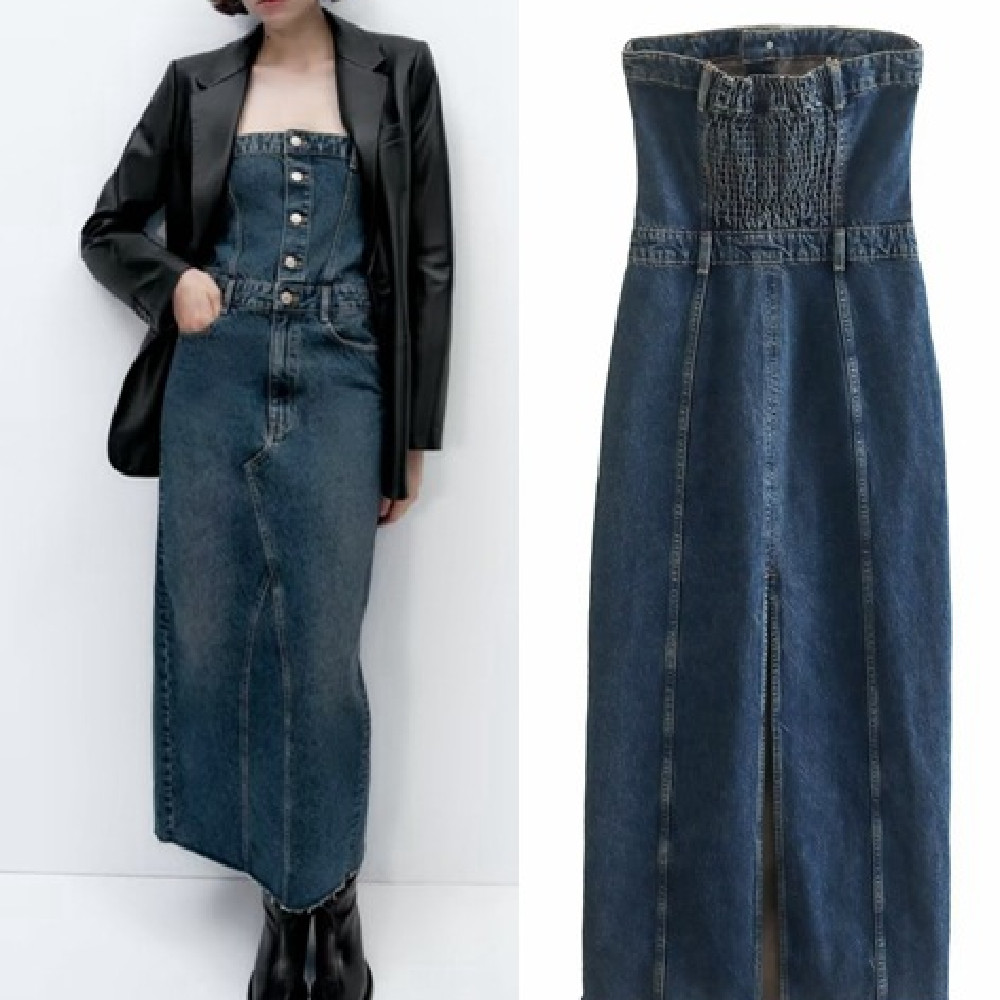 Women's Temperament And Versatile Breasted Collar Denim Slim Dress