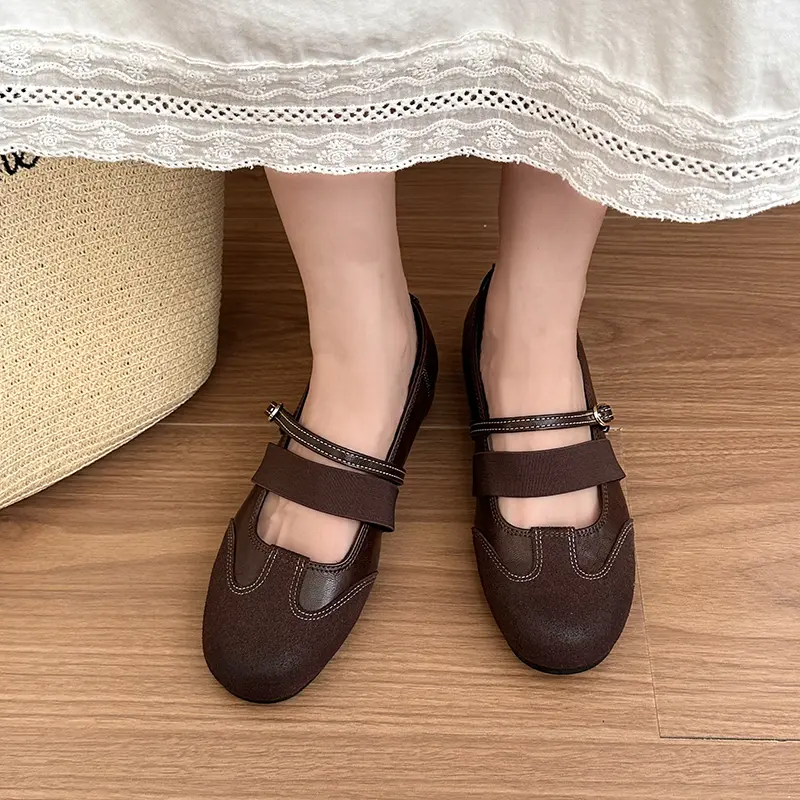 Women Round Toe Patchwork Double Strap Buckle Flats, Vintage Contrast Faux Leather Soft Sole Casual Daily Walking Loafers