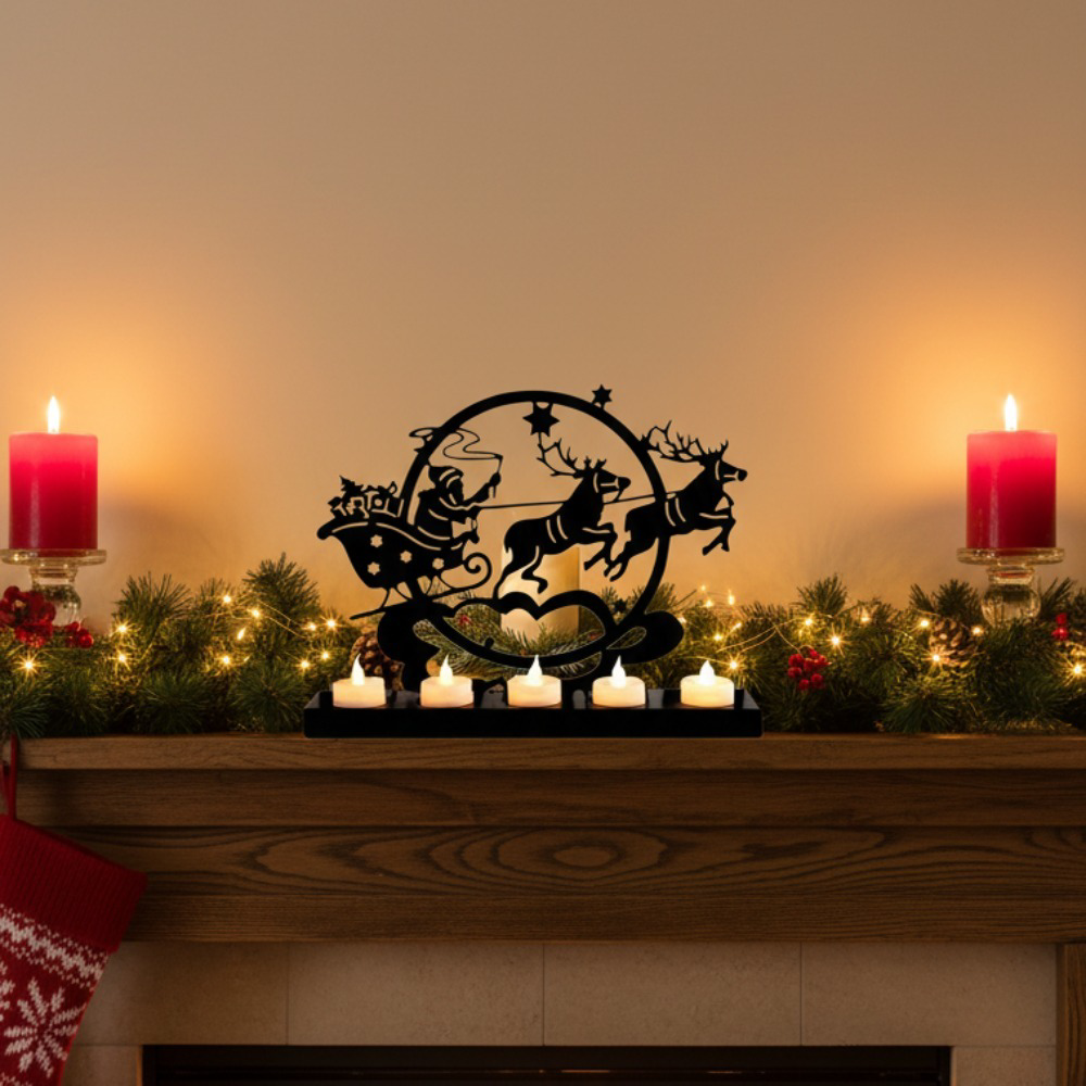 CIFbuy ChristmasJoy Santa Reindeer Metal Candle Holder, Rustic Farmhouse Tabletop Mantel Decor Vintage, , Holiday Home Centerpiece Ideal, Christmas Gift — 1
