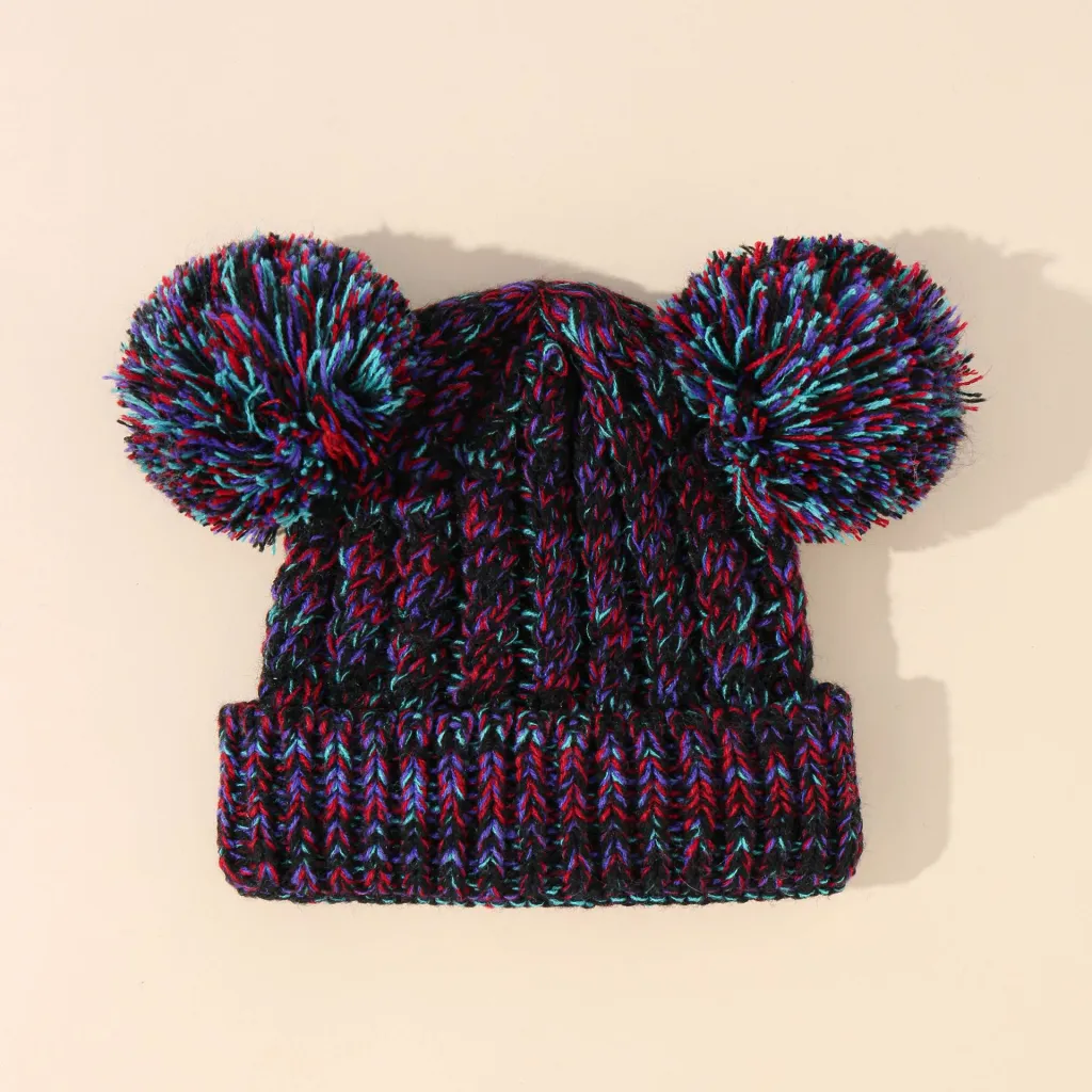New Double Ball Children's Knitted Pullover Warm Wool Hat - Black