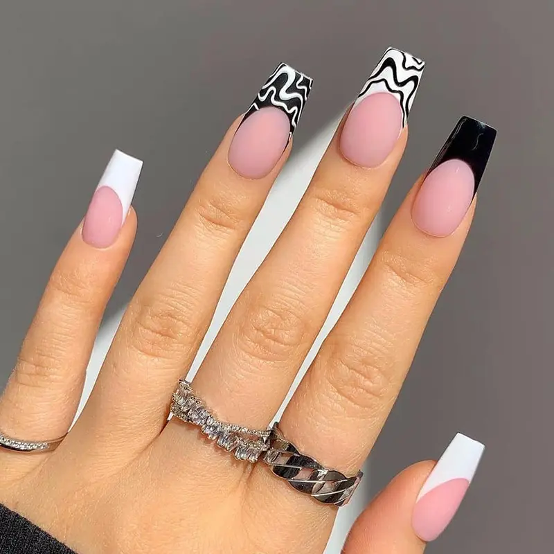 French Manicure Black And White Patchwork Nail