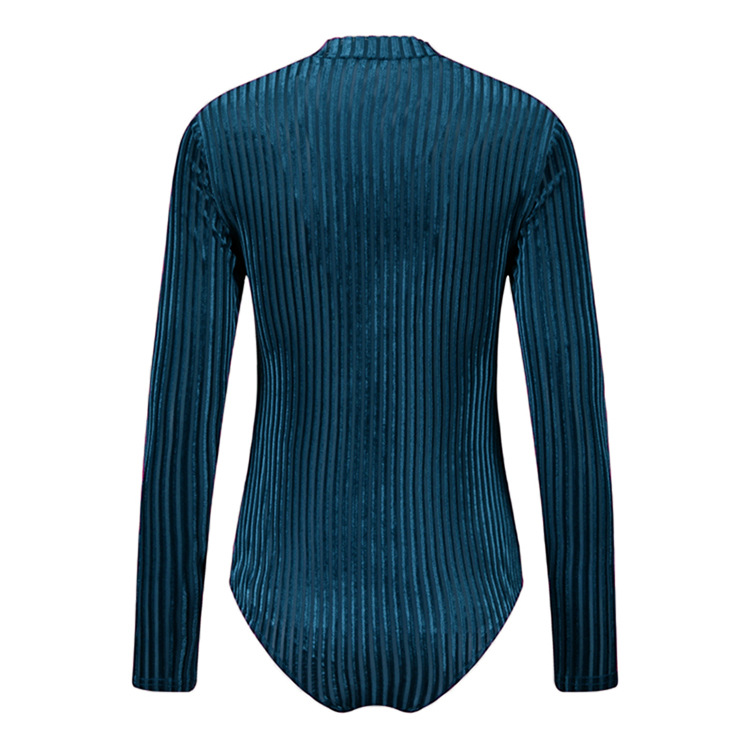 Fashion Slim Stand Collar Long Sleeve Velvet One-Piece Solid Color T-Shirt