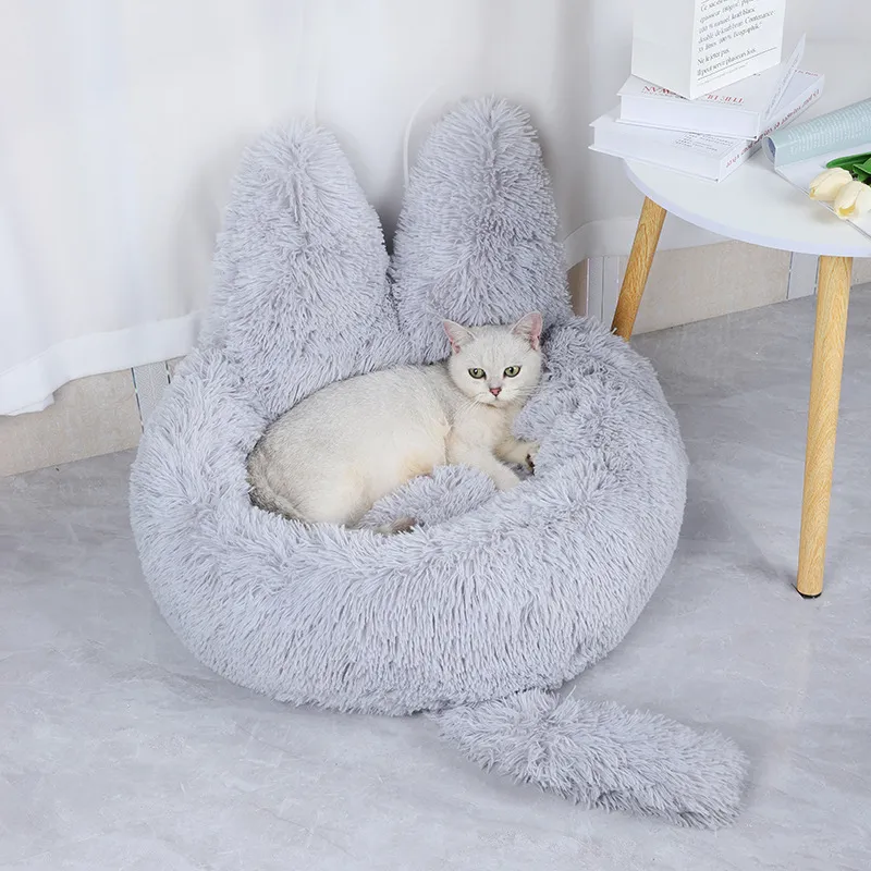 Winter Kennel For Pets, Long Round Plush Nest, Cat Nest, Warm Pet Supplies, Dog Bed, Pet Cushion - Light Grey