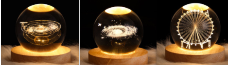 Kleine nachtlamp met kristallen bol, sterrenhemel en planeten – massiefhouten lampvoet, zonnestelsel 6 cm, 2 stuks
