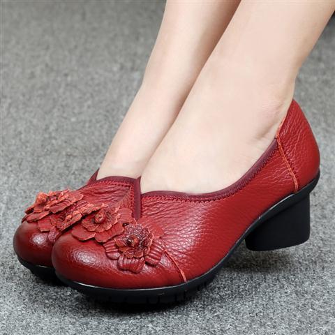 Spring And Autumn Ethnic Style Handmade Leather Single Shoes Mid-heel Mother Shoes Plus Size