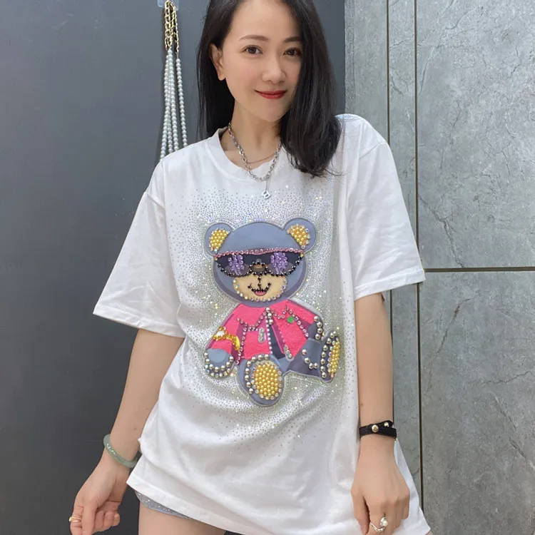 Heavy Industry Beaded Bear Loose Casual Western Style Short Sleeves - White