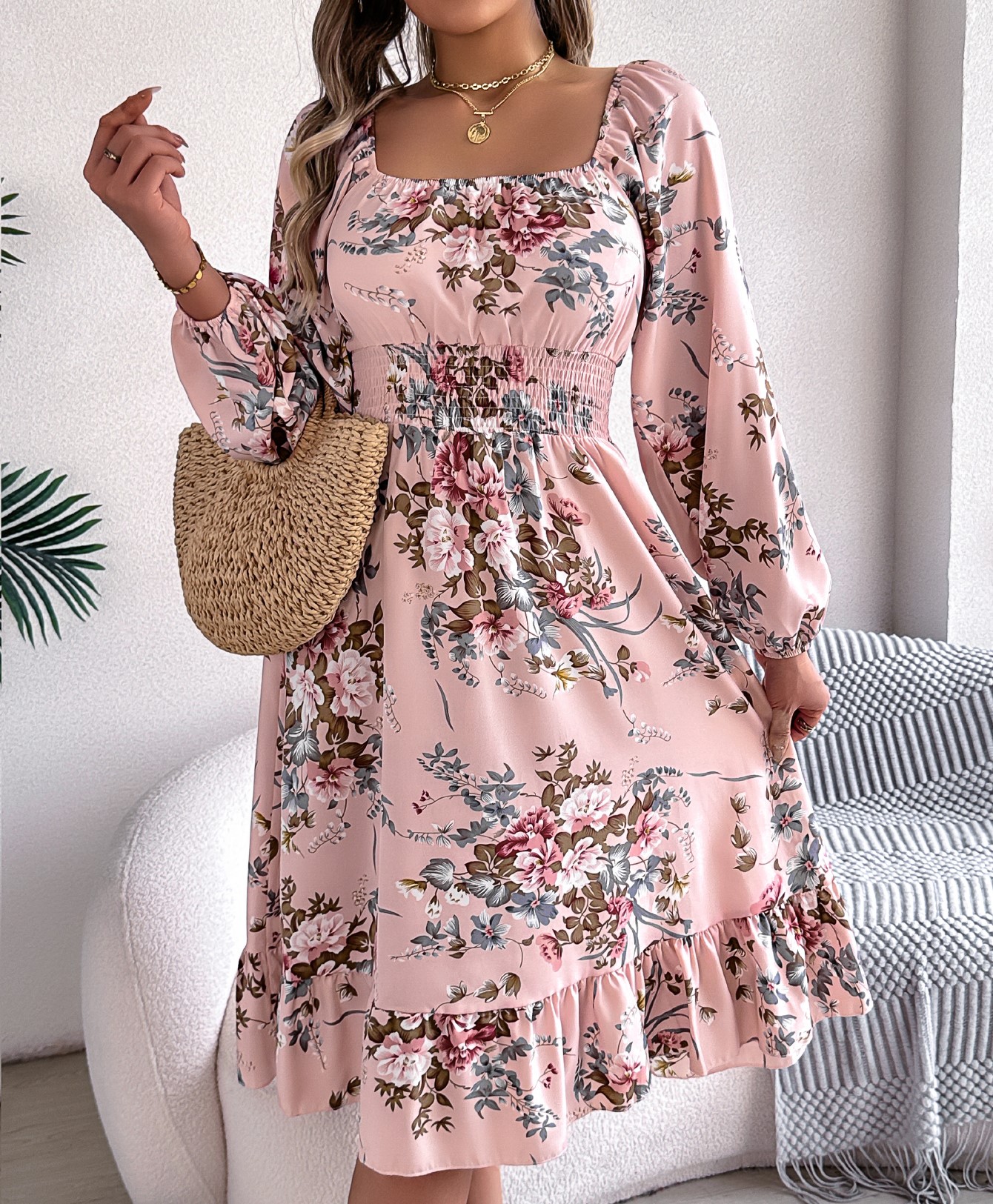 Women’s Elegant Floral Print Square Neck Long Sleeve Tie Waist Ruffle A-Line Dress