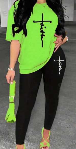 Slayr Women Summer Casual Letter Printed Short Sleeve T Shirt Slim Fit Long Pants Two Piece Set Green - Shop at LoveMi
