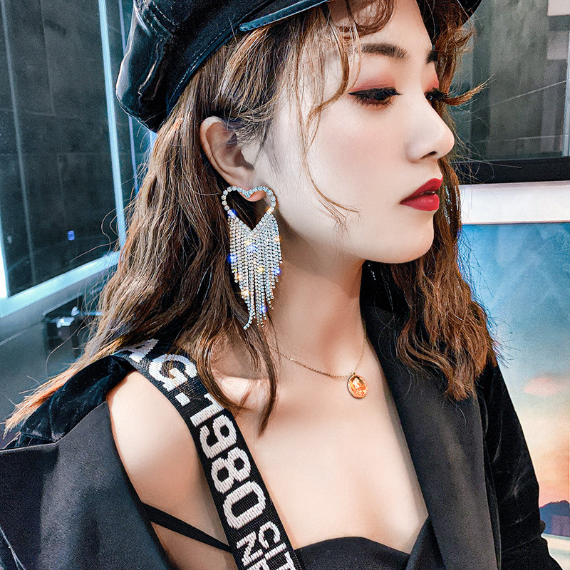 Silver Needle Exaggerated Full Diamond Tassel Love Earrings Luxury