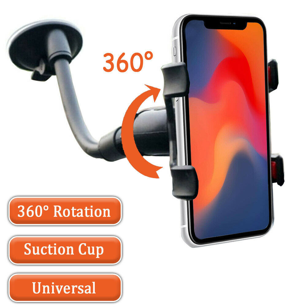 Adjustable car phone holder with 360° rotation and strong suction for windshield. Fits devices up to 3.54 inches wide. Durable arm with 360° rotation. No glue suction cup design. Made for car windshields only.