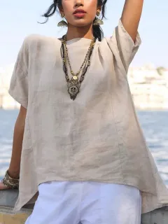 Irregular Hem Short-Sleeved Women's Solid Color Cotton And Linen Shirt - Beige - View 1
