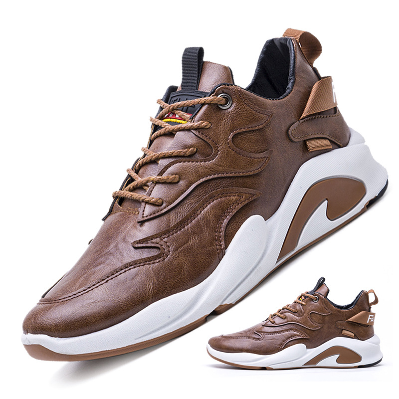 Men's Casual Shoes With Round Head Leather And Thick Sole