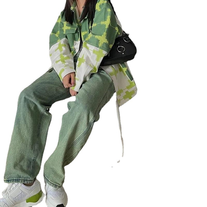 New Green Women's Straight Loose Retro High Waist Wide Leg Jeans
