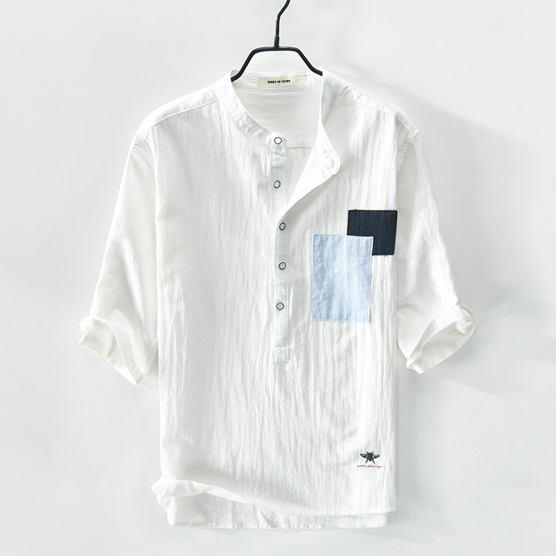 Men's Five-point Sleeve Cotton And Linen Patch Sleeve Shirt