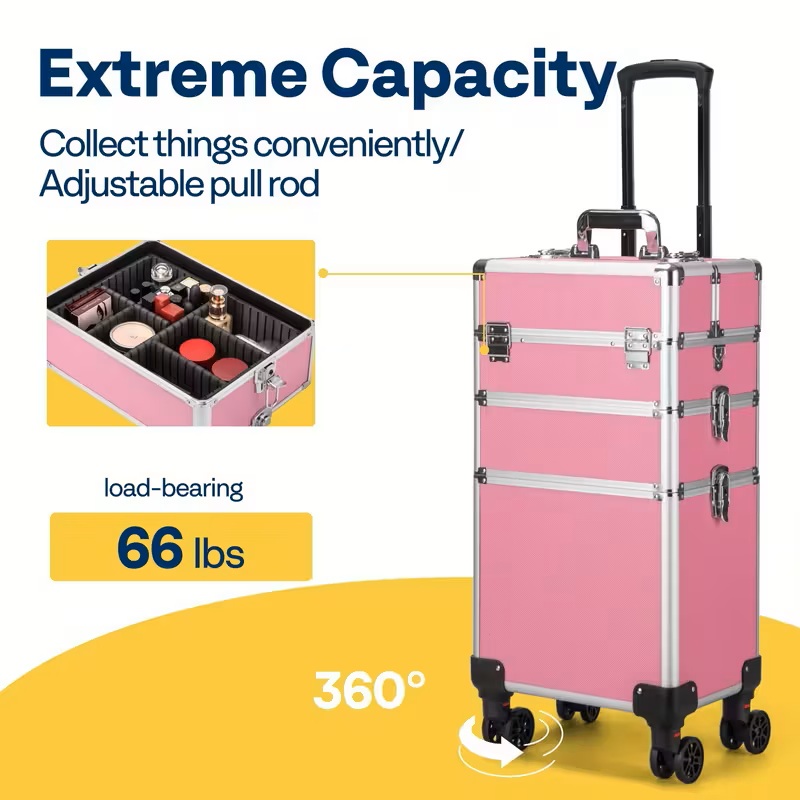 3 In 1 Aluminum Cosmetic Makeup Case Makeup Travel Organizer Cosmetology Case, Aluminum Cosmetic Display Suitcase On Wheels, Beauty Storage Luggage Lockable W-4 Removable Wheels 10