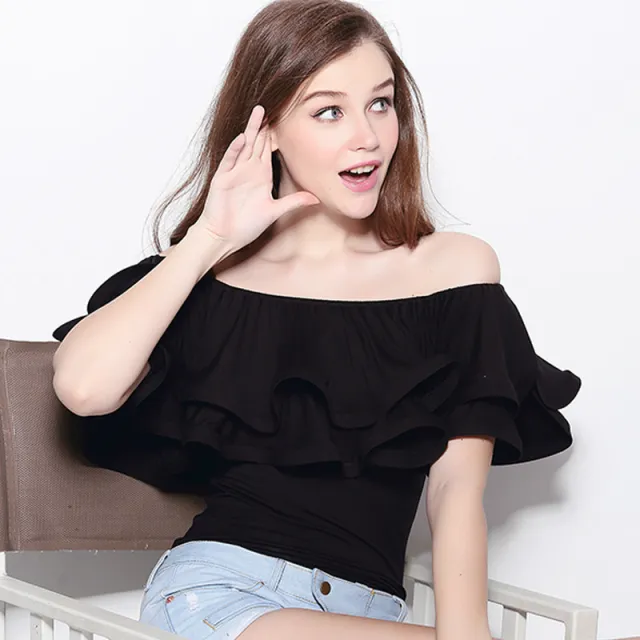 Women's Double layer Ruffled Collar Off shoulder Blouse Black - Shop at LoveMi