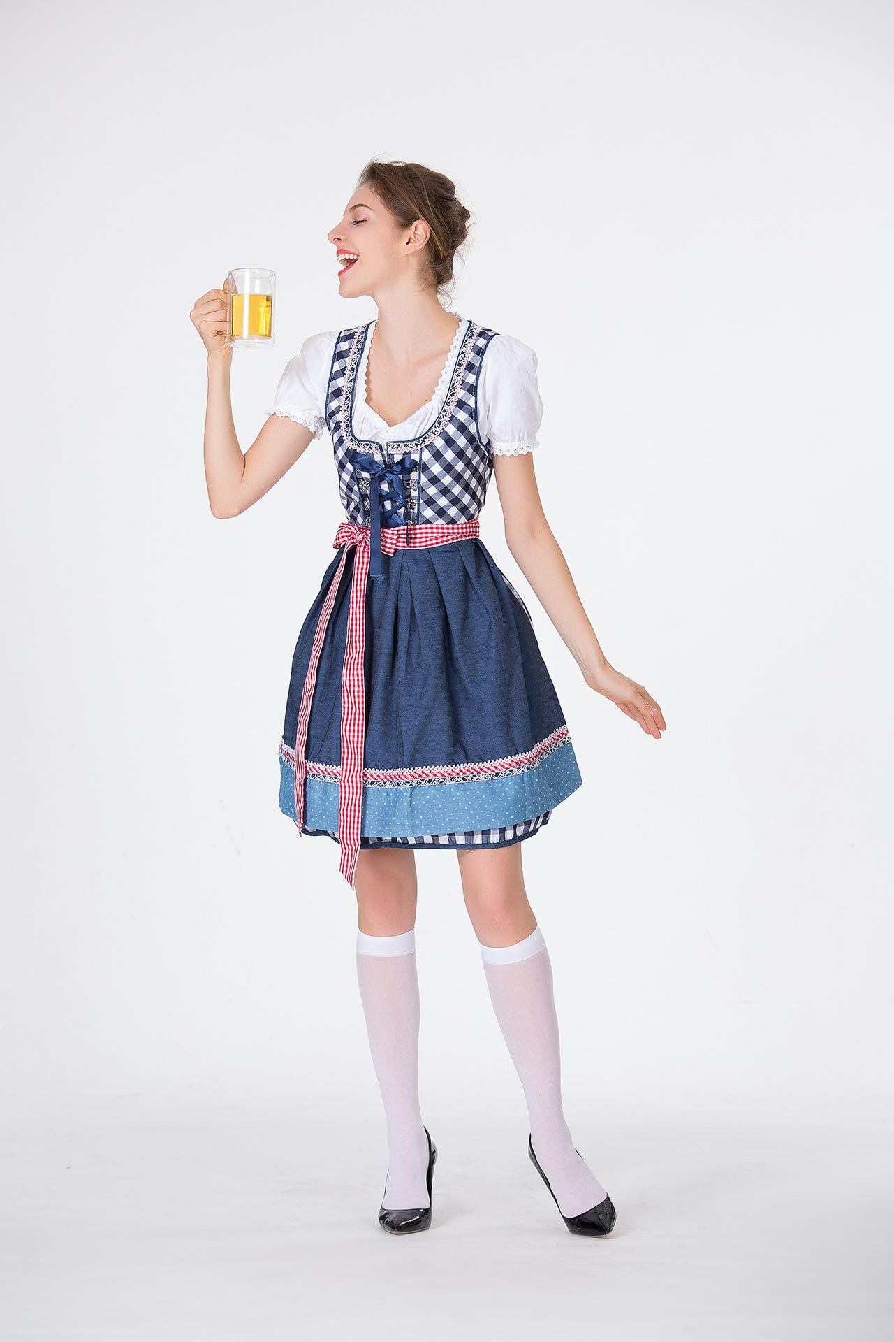 Traditional Bavarian Beer Dress. Product information: Fabric Name:Cotton Blend Main fabric composition: polyester fiber (polyester) Size Information: Size/CM Lenght Bust Waist S 89 82 66 M 90 86 70 L 91 90 74 XL 92 94 78 XXL 93 98 82 Note: 1. Asian sizes 