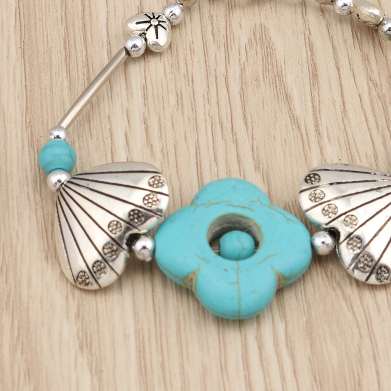 Vintage Bohemian Turquoise Bracelet, Shell Alloy, Four Leaves