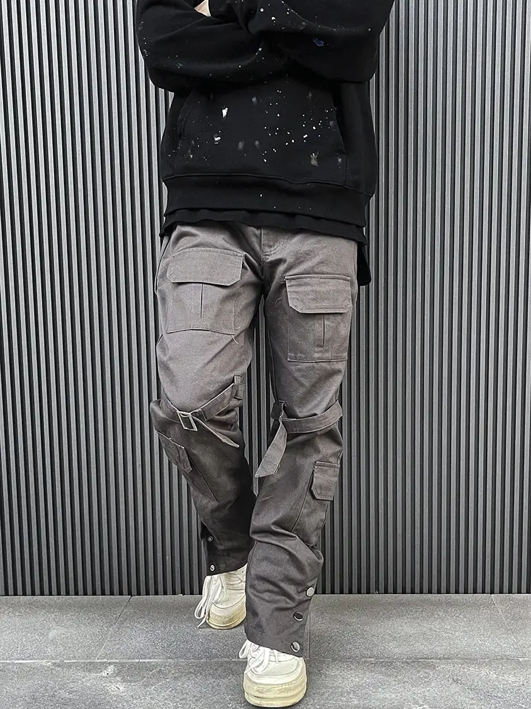 Straight-breasted Cargo Pants With Multi-pocket Straps
