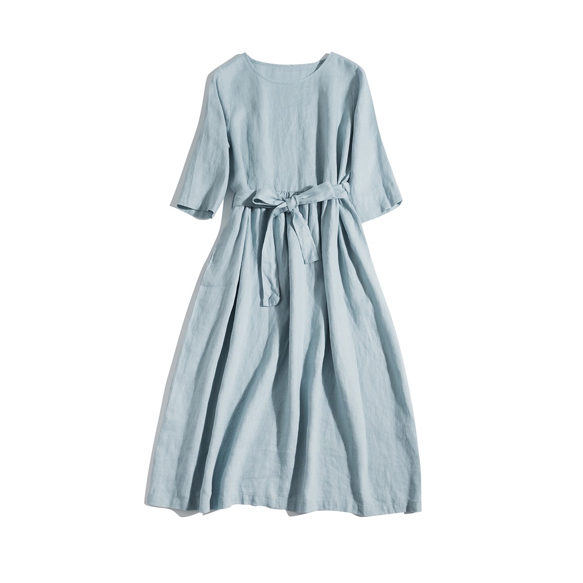 Women's Cotton Linen Dress, Casual Round Neck Midi Dress
