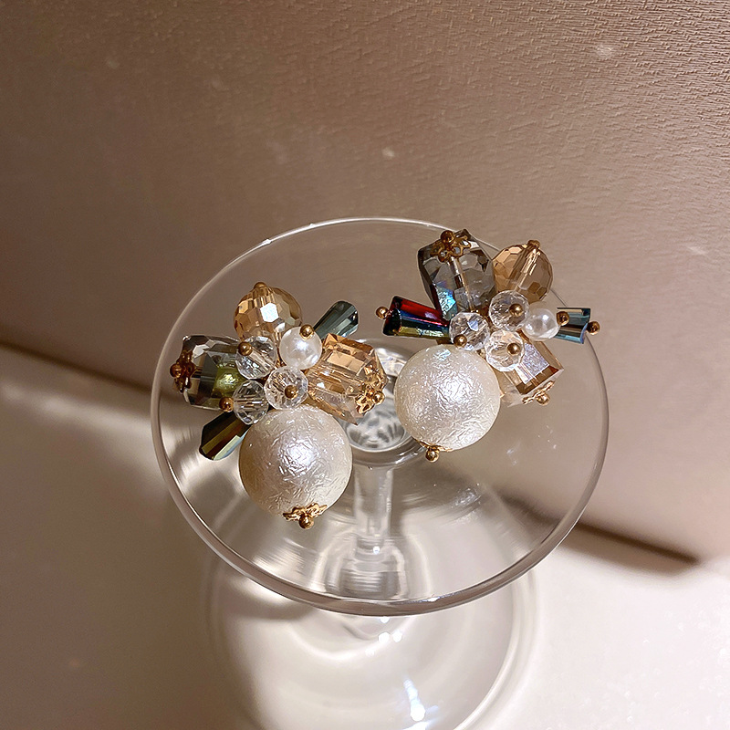 925 Silver Needle Crystal Flower Pearl Stud Earrings Korea