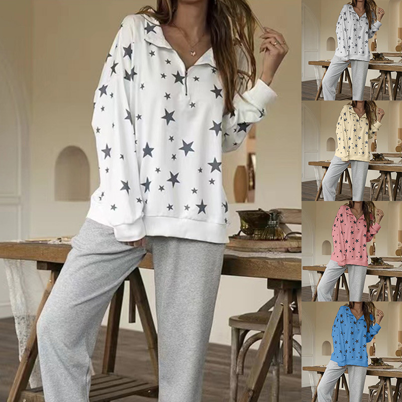 Women's Zip V-Neck Lapel Pentagram Print Sweatshirt