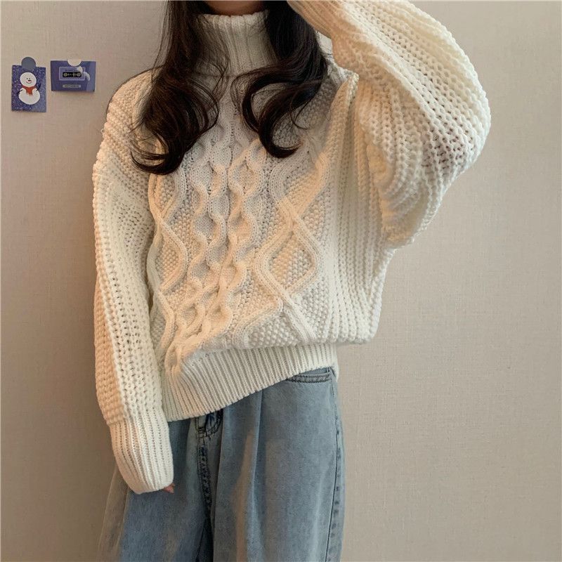 Retro Lazy Style Loose Long-sleeved High-necked Thick Twist Pullover Sweater Coat