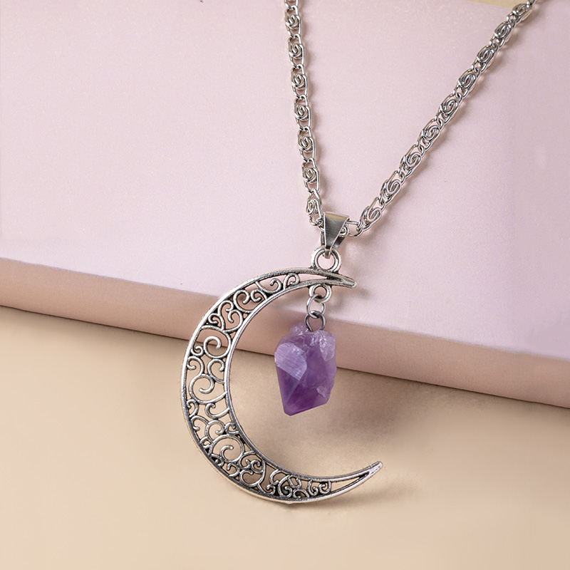 Vintage Purple Natural Stone Moon Necklaces For Women