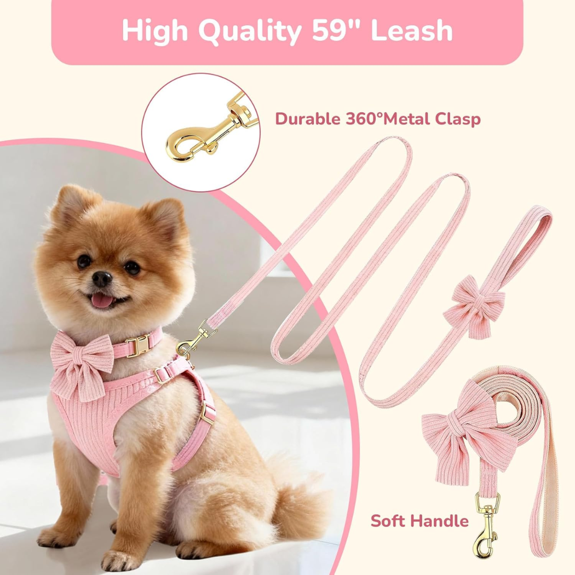 Small Dog Collar Harness And Leash Set, Dog Harness No Pull With Bowtie, Breathable Cotton Adjustable Pet Puppy 4