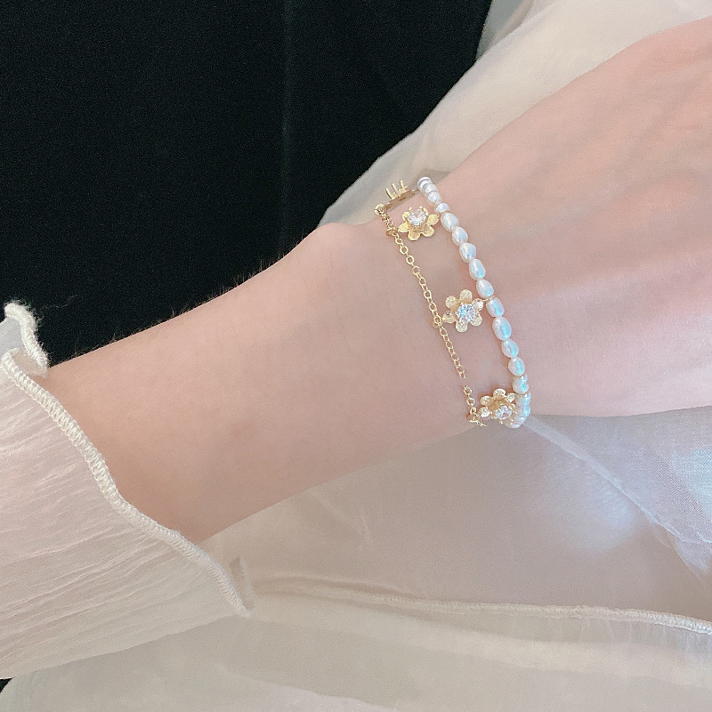 Niche Design French Retro Hyuna Style Double Layer Natural Pearl Flower Bracelet