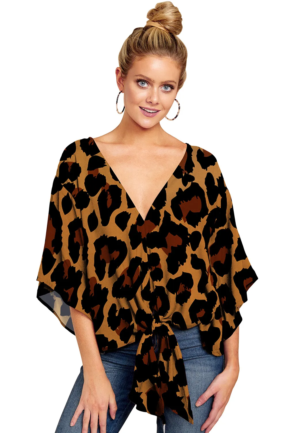 New V Neck Blouse Women Leopard Print Shirts Floral Tie Front Blouses Batwing Summer Oversize Ladies Tops - Style B