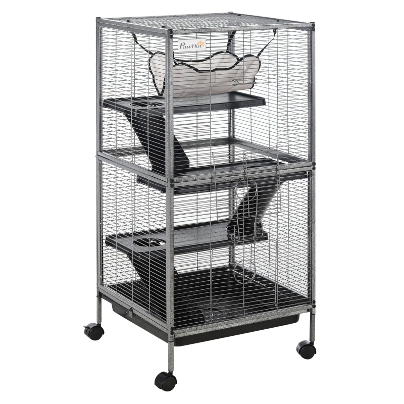 Metal Small Animal Cage Rolling Big Ferret Cage, Chinchilla Cage, Sugar Glider Cage, With Hammock & 4 Tiers, Removable Tray, Gray