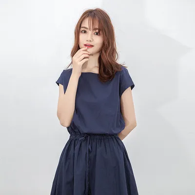 Waist in Loose Plus Size Cotton And Linen Dress Royal Blue - Shop at LoveMi