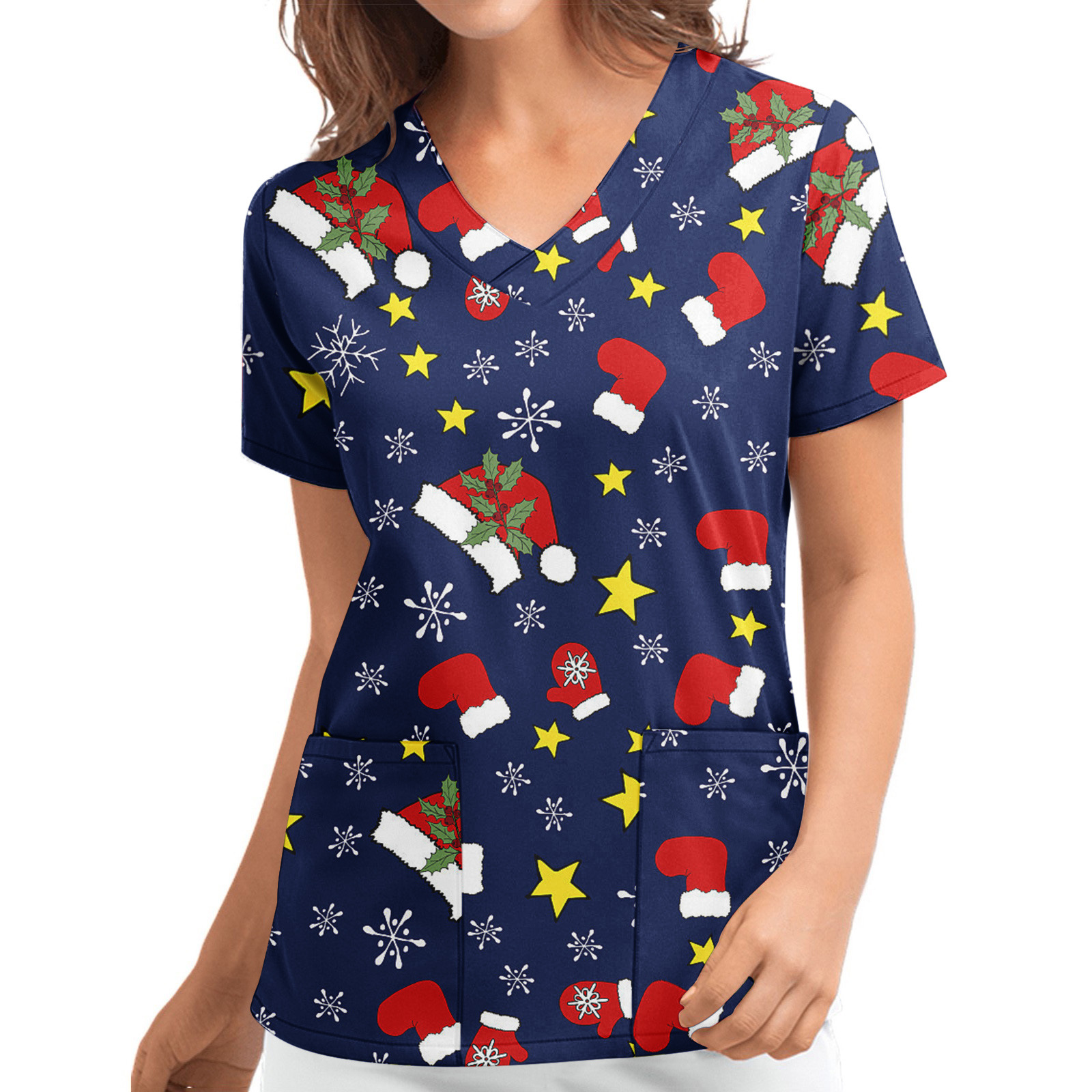 Title 2, Christmas Printed V-neck Short Sleeve Workwear ...