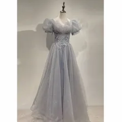 HOOR Women Luxury Puff Sleeve Backless Shiny Prom Gown - Silver Grey - View 1