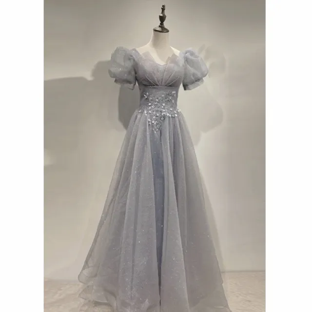 HOOR Women Luxury Puff Sleeve Backless Shiny Prom Gown Silver Grey - Shop at LoveMi